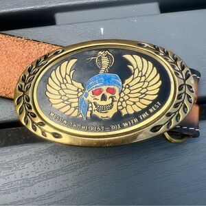 Brown Leather Belt with Gold Skull Buckle